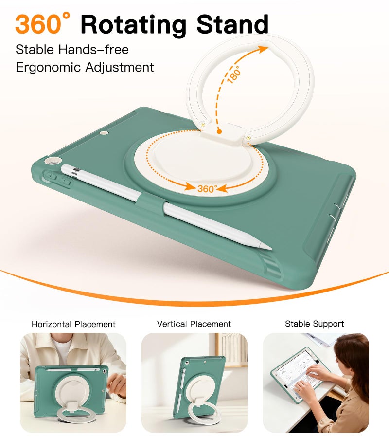 BATYUE Shockproof Case for iPad 7th/8th/9th Gen 2019/2020/2021 | 360Â° Multi-Angle Stand (Portrait & Landscape) & Grip, Built-in Screen Protector, Pencil Holder, Jade Green - Image 4