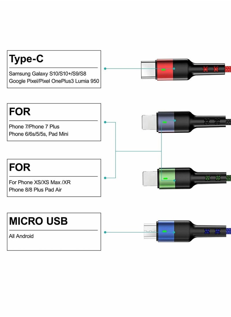 Multi Charging Cable 4 in 1 Nylon Braided 4FT 1.2M Multiple USB Cord Adapter Type C Micro Port Connectors Compatible with iphone Cell Phones Tablets and More