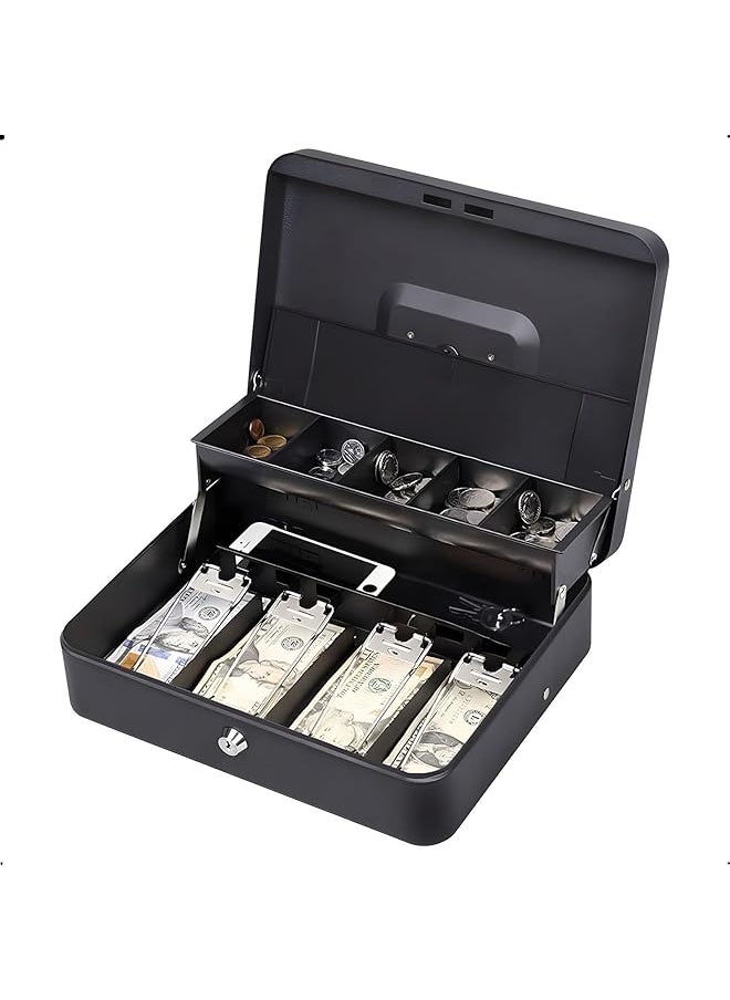 X spring Large Cash Box Black Upgrade Cash Box With 2 Keys Tiered Coin Tray With Lid 5 Compartment Cash Lock Box For Yard Sale Garage Sale And Small Business（30 24 9Cm）  - Image 1
