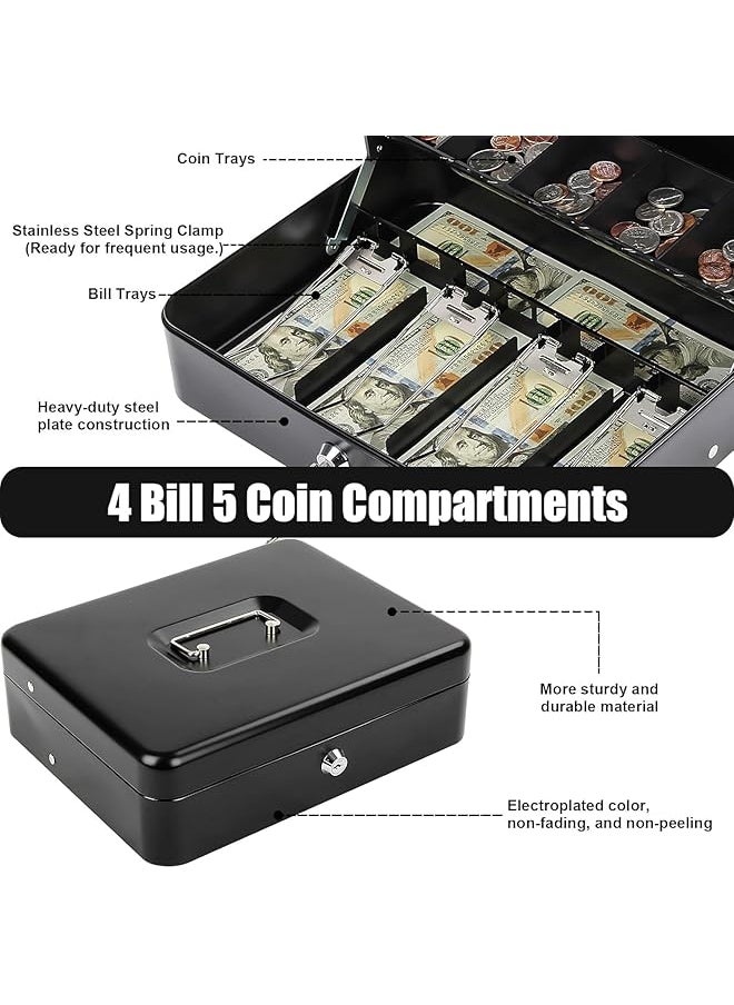 X spring Large Cash Box Black Upgrade Cash Box With 2 Keys Tiered Coin Tray With Lid 5 Compartment Cash Lock Box For Yard Sale Garage Sale And Small Business（30 24 9Cm）  - Image 2