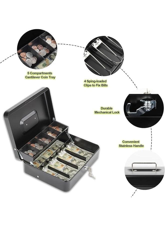 X spring Large Cash Box Black Upgrade Cash Box With 2 Keys Tiered Coin Tray With Lid 5 Compartment Cash Lock Box For Yard Sale Garage Sale And Small Business（30 24 9Cm）  - Image 5