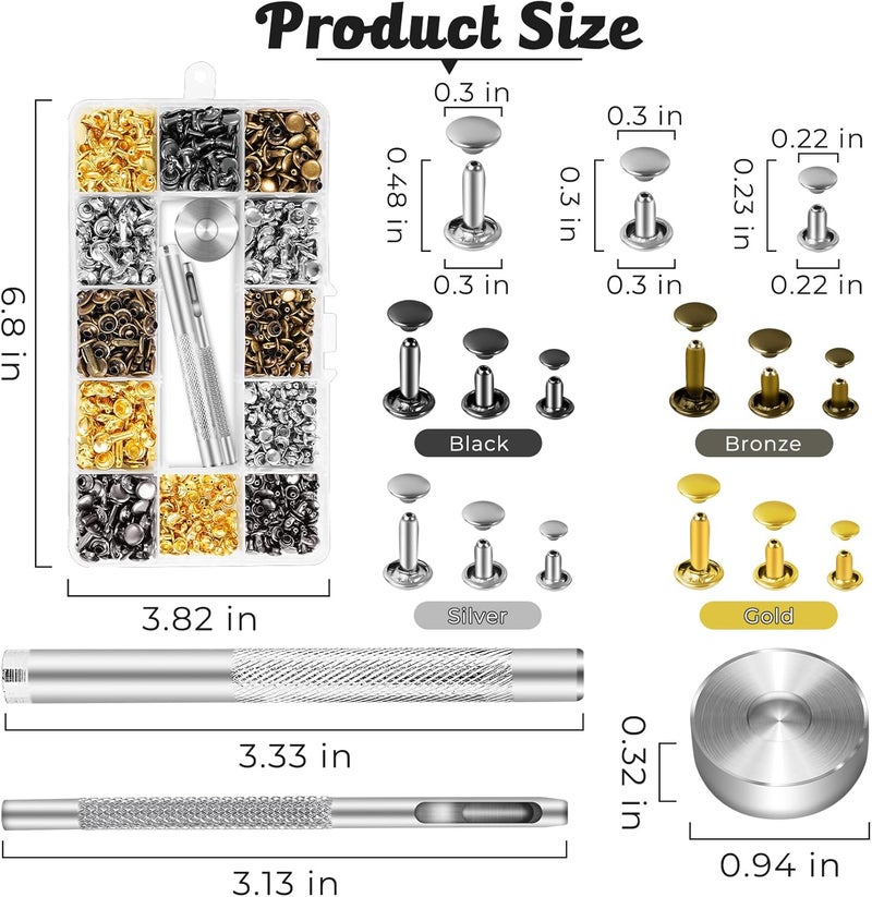 Jetmore 420 Sets Leather Rivets, Rivets for Leather Crafting, 4 Colors and 3 Sizes Leather Rivet Kit with 3pcs Leather Tools, Rivets for Fabric, Remaches para Cuero, Double Cap Brass Rivets for Decoration - Image 2