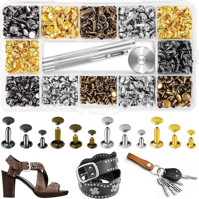 Jetmore 420 Sets Leather Rivets, Rivets for Leather Crafting, 4 Colors and 3 Sizes Leather Rivet Kit with 3pcs Leather Tools, Rivets for Fabric, Remaches para Cuero, Double Cap Brass Rivets for Decoration - Image 1