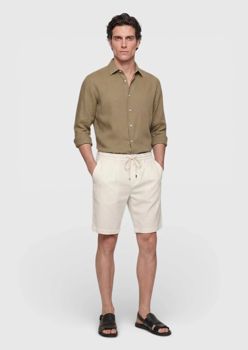 RAMSEY Ecru Weaving Jogging Fit Casual Linen Blended Bermuda