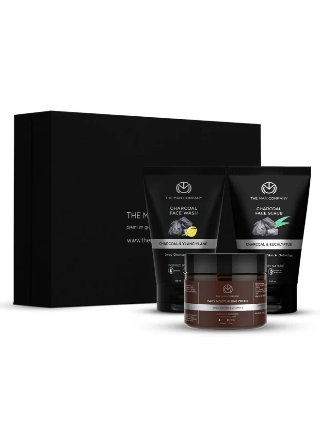 ذا مان كومباني مجموعة العناية بالوجه لإزالة السمرة من ذا مان كومباني لبشرة مشرقة ورطبة مع غسول الفحم، مقشر وكريم مرطب - مجموعة من  قطع