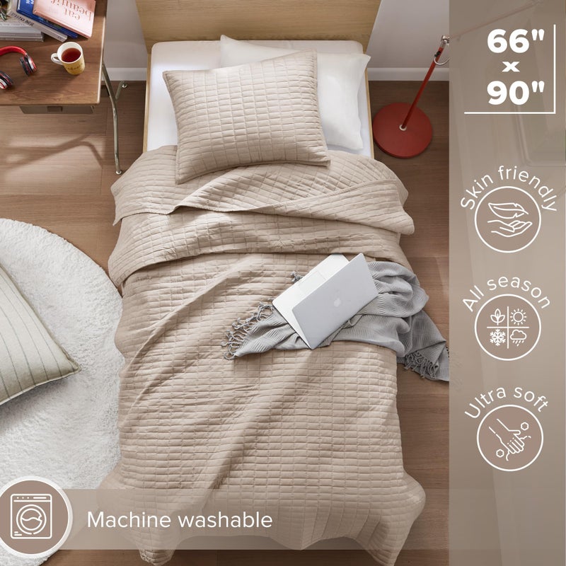 Comfort Spaces Kienna Quilt Set-Luxury Double Sided Stitching Design Summer Blanket, Lightweight, Soft, All Season Bedding Layer, Matching Sham, Taupe, Coverlet Twin/Twin XL(66"x90") 2 Piece - Image 3