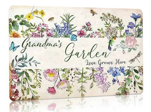 Bestylez Gardening Gifts Vintage Gardening Signs Grandma‘s Garden Love Grows Here Tin Sign for Home Garden Greenhouse Living Room Bedroom Yard Cottage Outdoor Decor 8X12 Inch (3356) - Image 1
