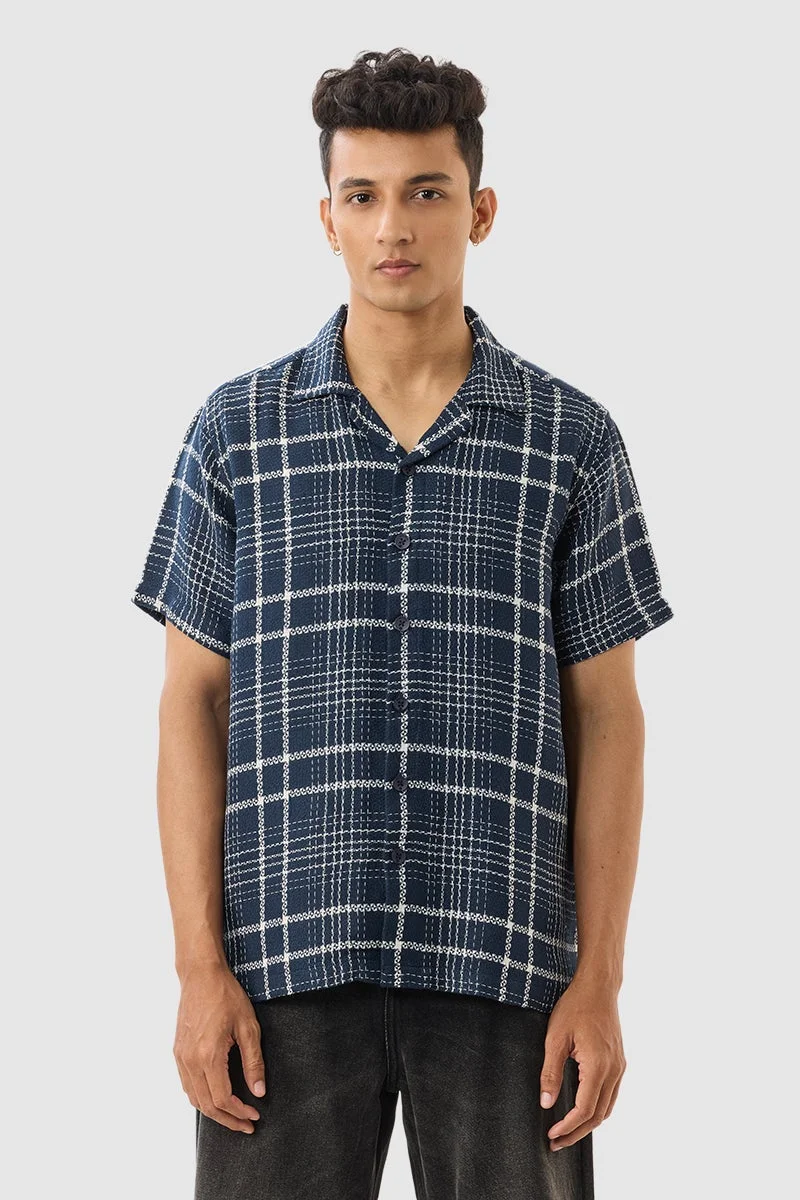 سنيتش Navy Checkered Half Sleeve Boxy Shirt