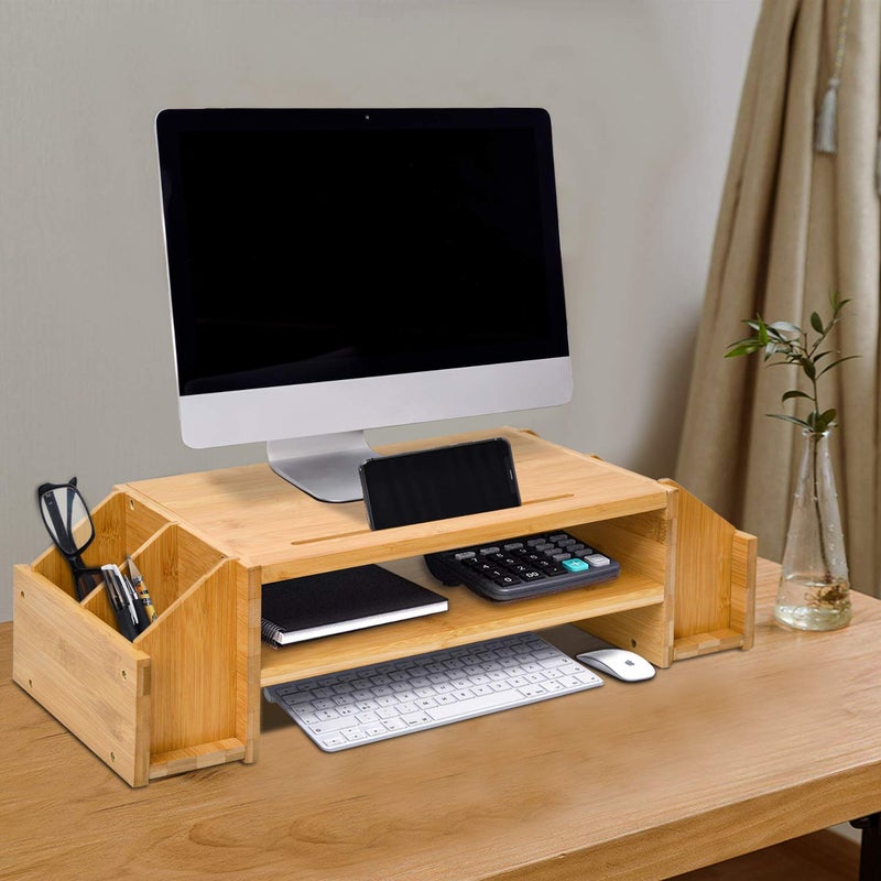 Delavala 2Tier Bamboo Monitor Stand Wood Computer Monitor Riser Wooden Desk Organizers with Adjustable Storage Accessories Shelf for iMac Laptop Printer Xbox one - Image 2
