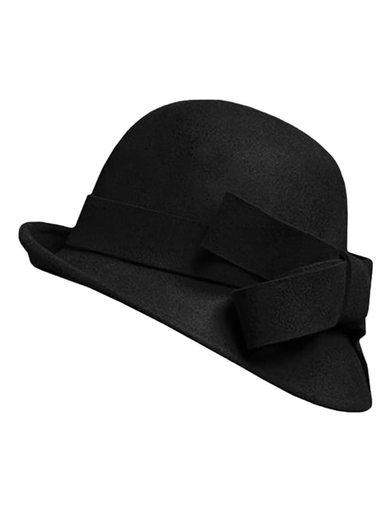 Women's Vintage Wool Felt Bowler Hat with Bow Decoration, Black, Adjustable 56-58cm - Image 4