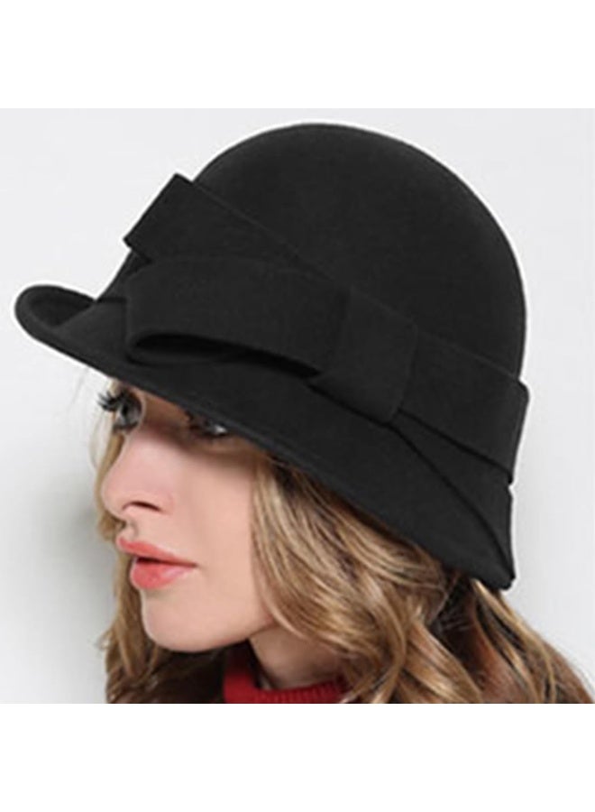 Women's Vintage Wool Felt Bowler Hat with Bow Decoration, Black, Adjustable 56-58cm - Image 3