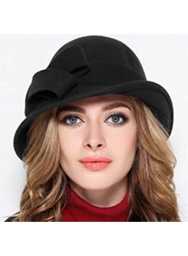 Women's Vintage Wool Felt Bowler Hat with Bow Decoration, Black, Adjustable 56-58cm - Image 2
