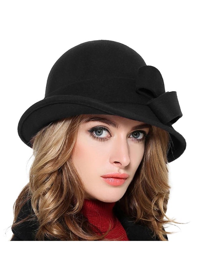 Women's Vintage Wool Felt Bowler Hat with Bow Decoration, Black, Adjustable 56-58cm - Image 1