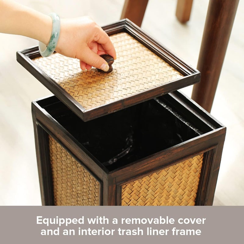 Primo Supply Rattan 7L Trash Can - Hand Woven Brown Square Garbage Bin with Lid - Small Wooden Bathroom Kitchen Decorative Waste Basket - Image 5