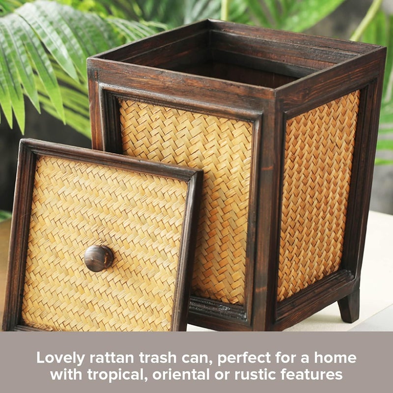 Primo Supply Rattan 7L Trash Can - Hand Woven Brown Square Garbage Bin with Lid - Small Wooden Bathroom Kitchen Decorative Waste Basket - Image 3