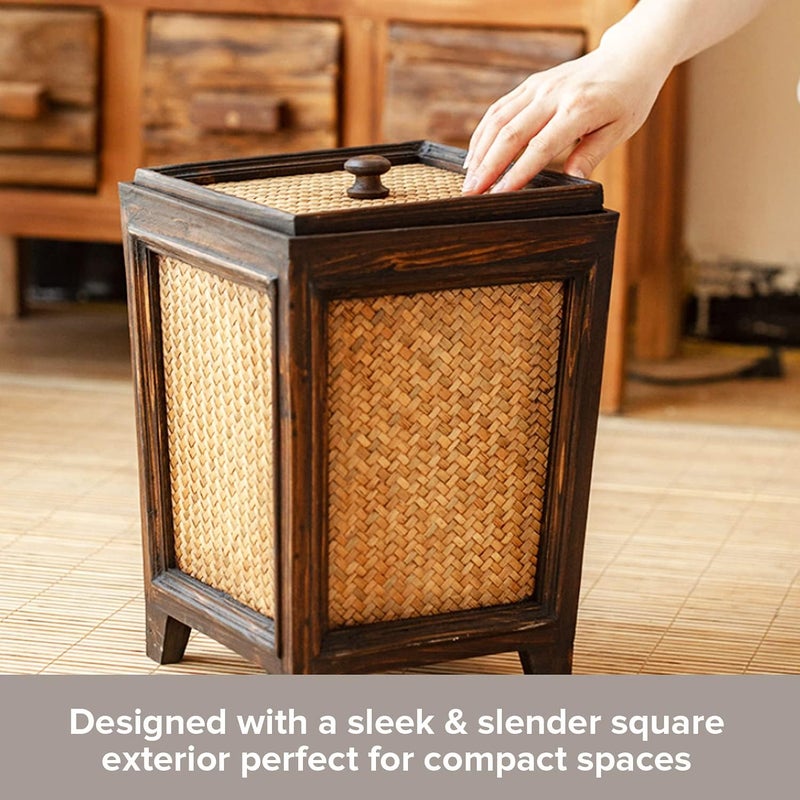 Primo Supply Rattan 7L Trash Can - Hand Woven Brown Square Garbage Bin with Lid - Small Wooden Bathroom Kitchen Decorative Waste Basket - Image 4