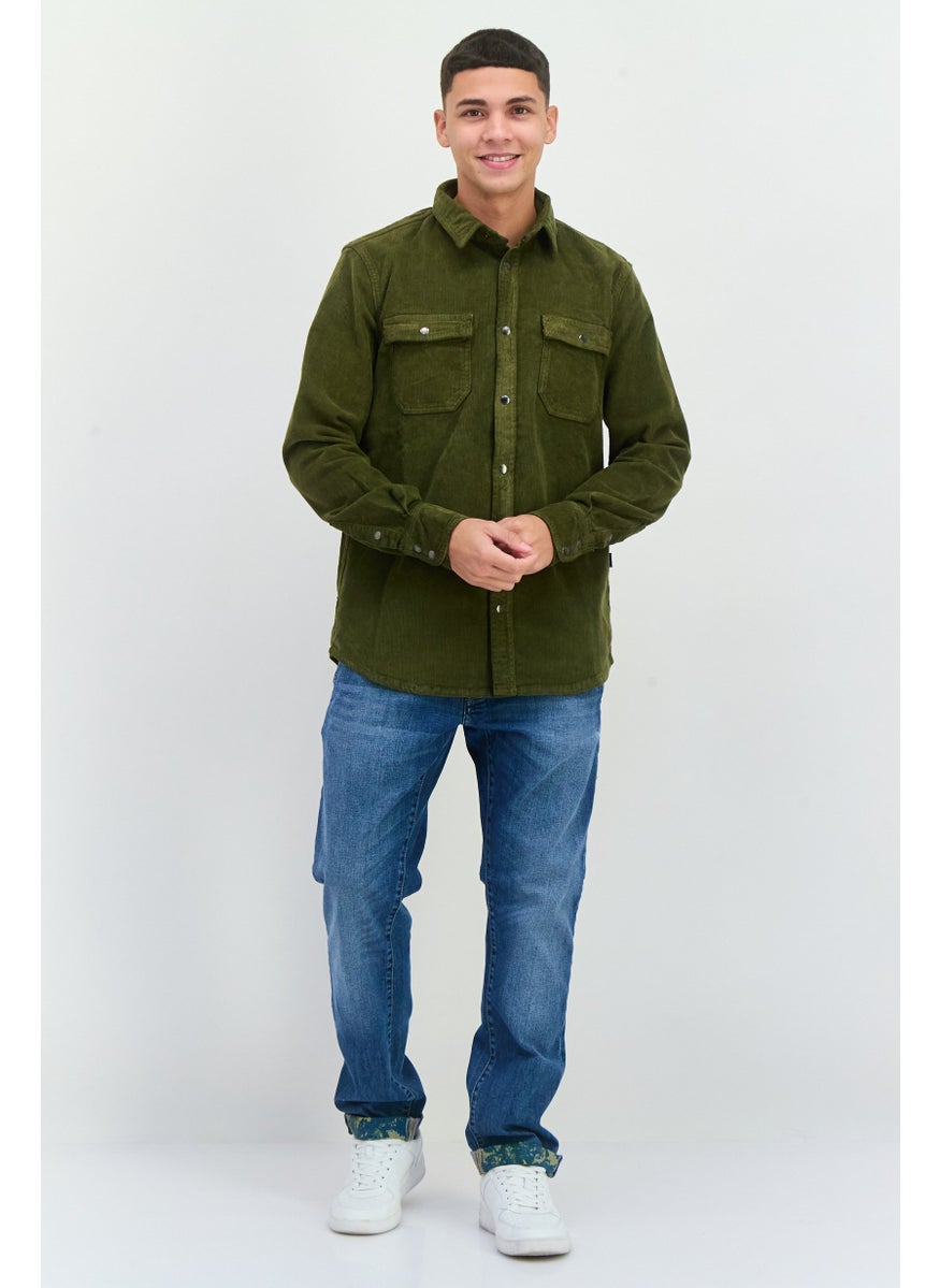 GAS Men Regular Fit Textured Long Sleeve Casual Shirt, Olive  - Image 4