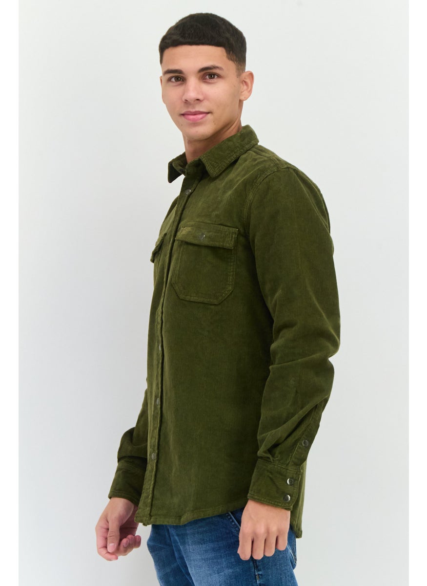 GAS Men Regular Fit Textured Long Sleeve Casual Shirt, Olive  - Image 2