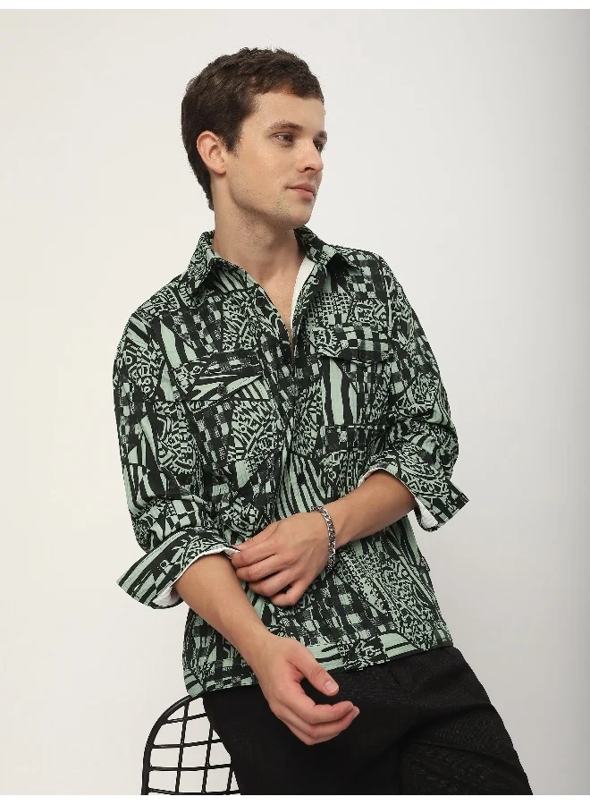 Beyoung Grey and Black Abstract Print Shacket