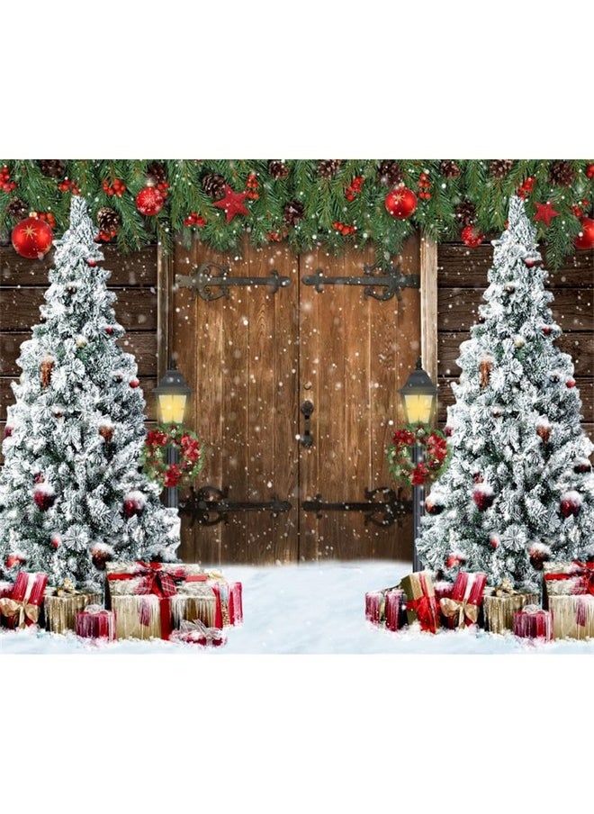 Leowefowa 10X8Ft Vinyl Christmas Tree Photography Backdrop Vintage Barn Door Red Ball Xmas Gifts Background Winter Christmas Backdrop Baby Shower Birthday Party Holiday Decor Photo Studio Props  - Image 1