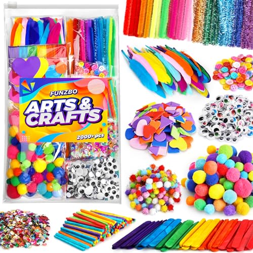 FUNZBO 2000Pcs Arts Crafts Supplies Kits for Kids Easter DIY Craft Supplies for Toddlers Art Supply Tools Set Pipe Cleaners Pom Poms and Feather Birthday Gifts for Kid Girls Ages 4812 - Image 1