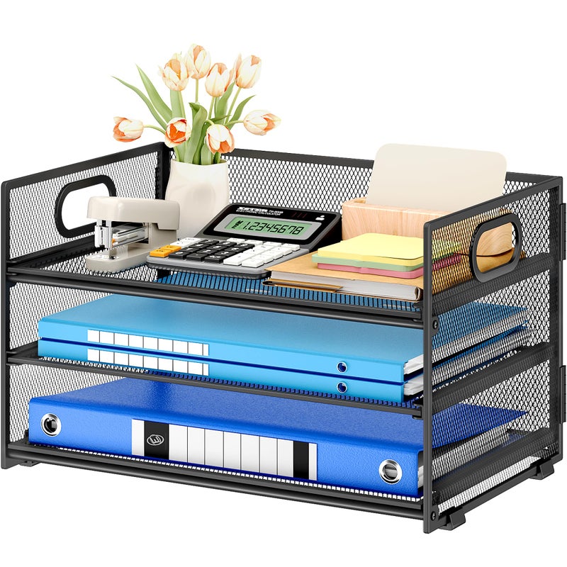 Subekyu 3 Tier Paper Letter Tray Organizer for Desk, Black Metal Mesh Desk File Folder Sorter Organizer with Handle and Sliding Tray for Home, Office, School Supplies Organization Storage - Image 1