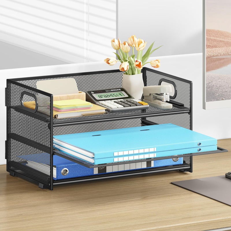 Subekyu 3 Tier Paper Letter Tray Organizer for Desk, Black Metal Mesh Desk File Folder Sorter Organizer with Handle and Sliding Tray for Home, Office, School Supplies Organization Storage - Image 3