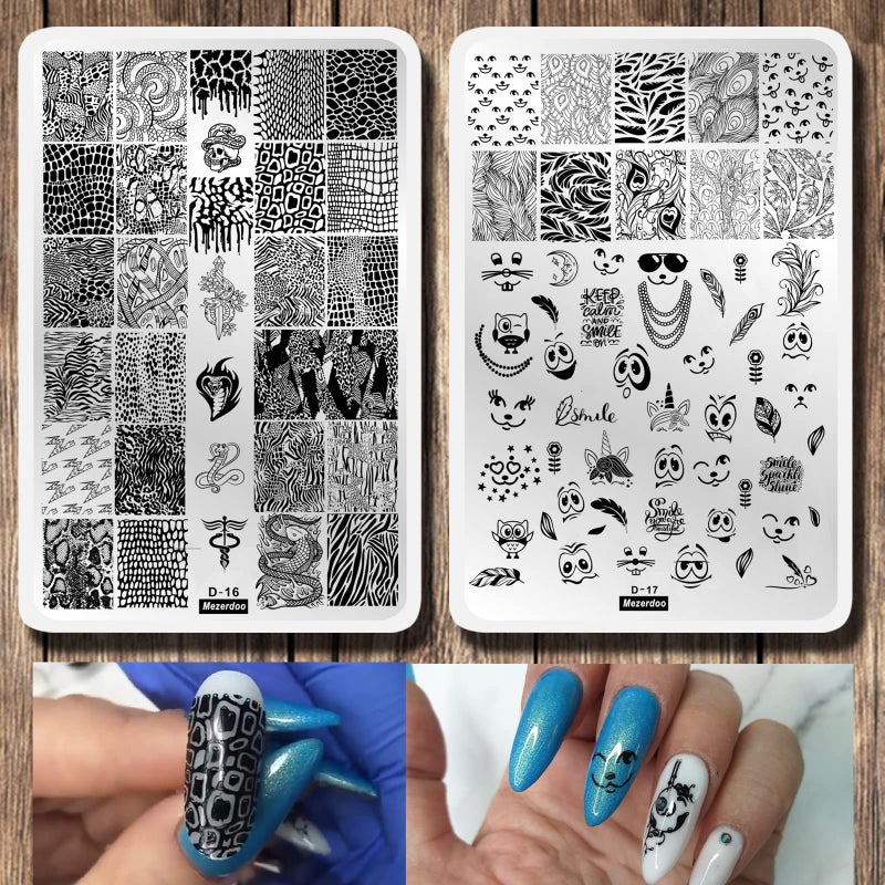 2Pcs Snakeskin Pattern Nail Stamping Template Cute Facial Expression Feather Nail Design Stamping Plate Skull Leopard Nail Art Image Plate 14595cm Stainless Steel Nail Stencil Tools