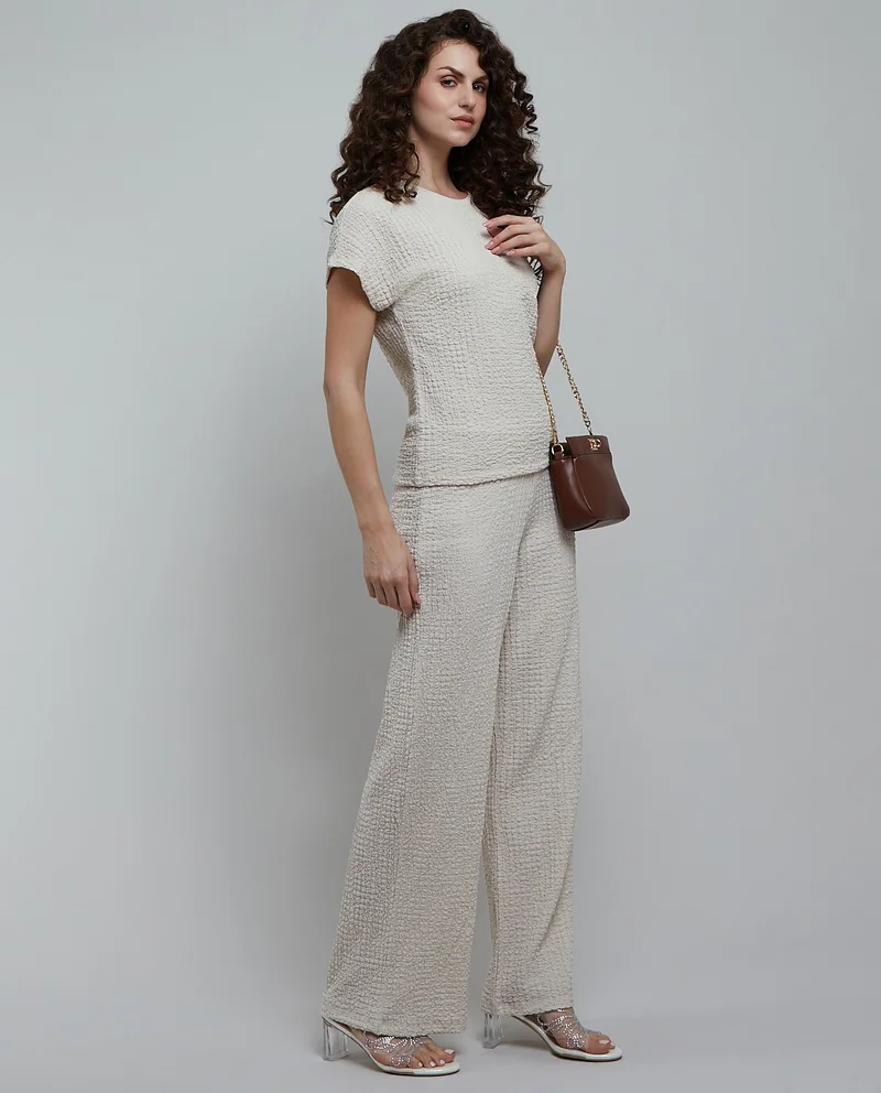 أر أند بي Textured Wide Leg Pants with Elastic Waist