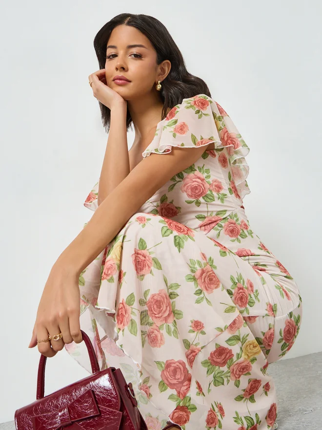 Styli  Styli Multi Floral Sheath Midi Dress with Frill Sleeve for Women | Best Price UAE