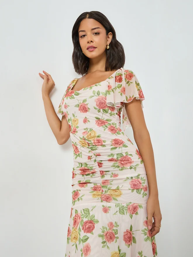 Styli  Styli Multi Floral Sheath Midi Dress with Frill Sleeve for Women | Best Price UAE