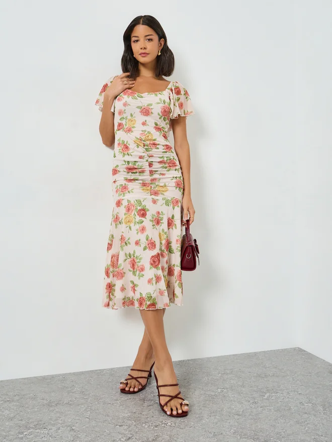 Styli  Styli Multi Floral Sheath Midi Dress with Frill Sleeve for Women | Best Price UAE