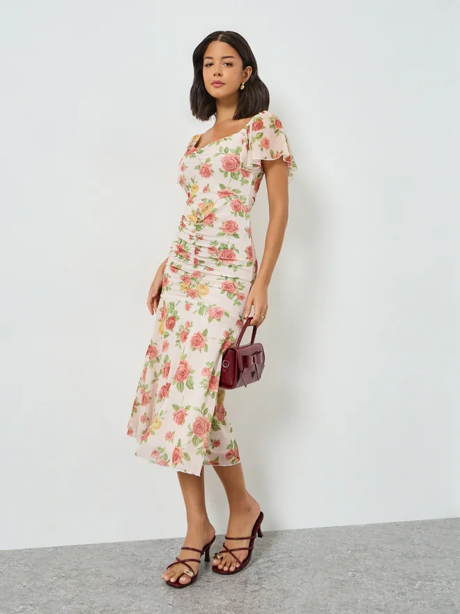 Styli Multi Floral Sheath Midi Dress with Frill Sleeve