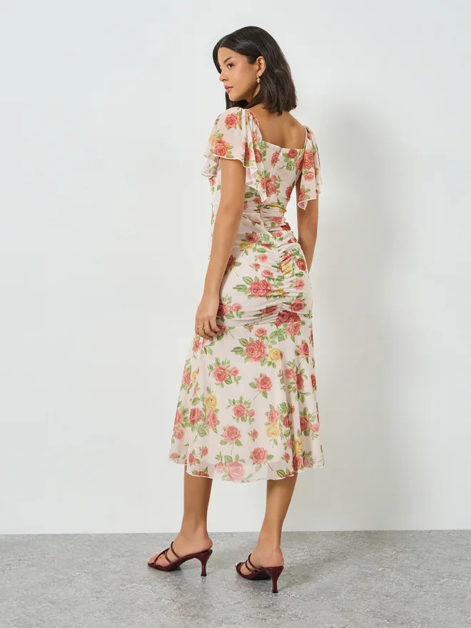 Styli  Styli Multi Floral Sheath Midi Dress with Frill Sleeve for Women | Best Price UAE