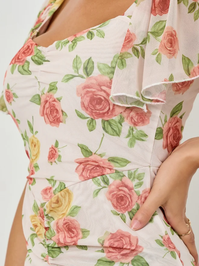 Styli  Styli Multi Floral Sheath Midi Dress with Frill Sleeve for Women | Best Price UAE