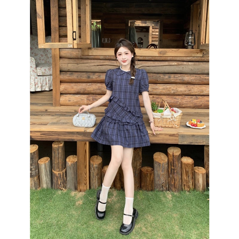 Blue Plaid Short Sleeve Dress - Image 4