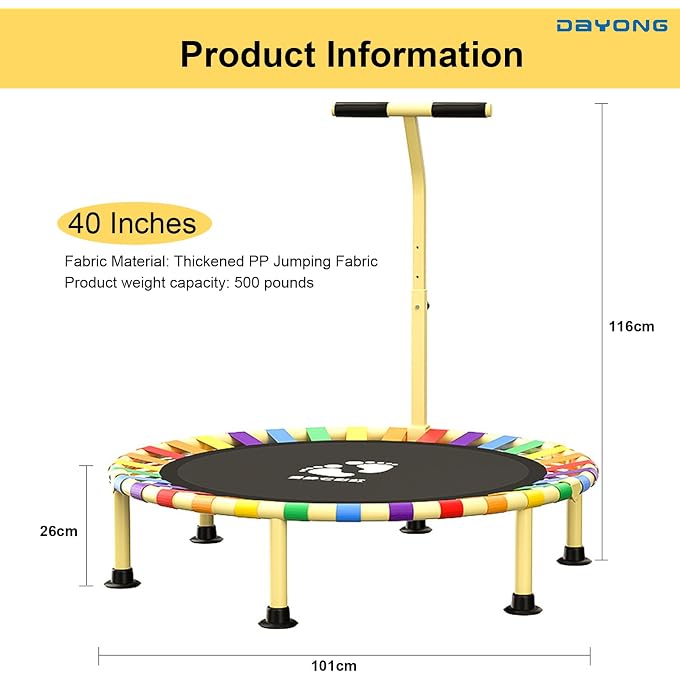 DAYONG 40 Inch Trampoline For Kids With 3 Height-Adjustable Handle, Indoor/Outdoor Quiet Stable Recreational Toddler Trampoline - Image 5