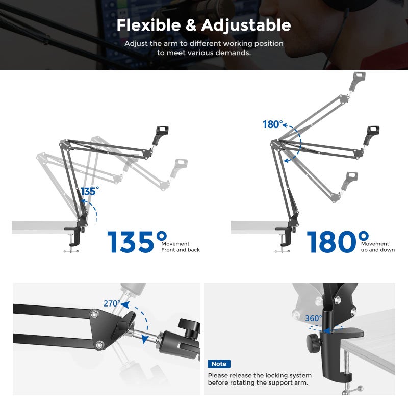 Neewer Microphone Arm Stand, Suspension Boom Scissor Mic Arm Stand with 3/8” to 5/8” Screw and Cable Ties Compatible with Blue Yeti, Snowball, Yeti X, Quadcast and Other Mics, Max Load 1.5kg - Image 5
