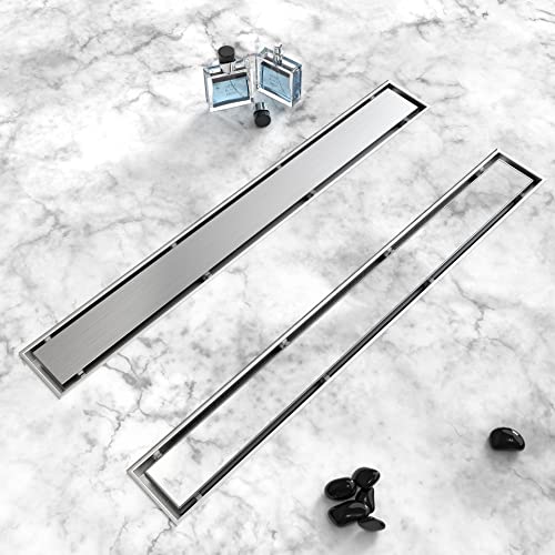 HTOH Linear Shower Drain 12 Inch(Brushed Nickel), 2 in 1 Tile Shower Drain, 304 Stainless Steel Linear Drain with Tile Insert Grate,Adjustable Feet,Hair Filter - Image 1