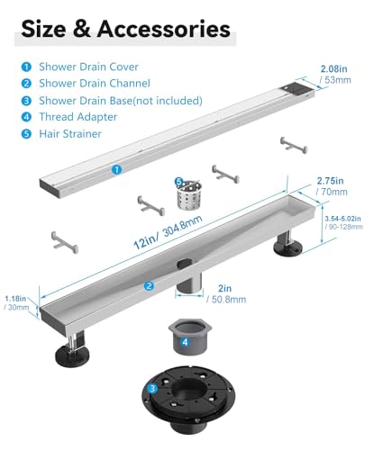 HTOH Linear Shower Drain 12 Inch(Brushed Nickel), 2 in 1 Tile Shower Drain, 304 Stainless Steel Linear Drain with Tile Insert Grate,Adjustable Feet,Hair Filter - Image 5