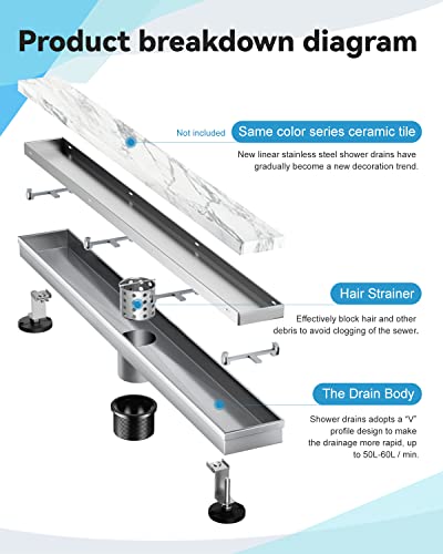 HTOH Linear Shower Drain 12 Inch(Brushed Nickel), 2 in 1 Tile Shower Drain, 304 Stainless Steel Linear Drain with Tile Insert Grate,Adjustable Feet,Hair Filter - Image 2