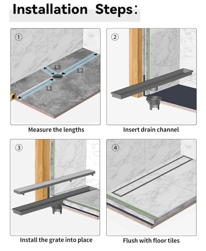 HTOH Linear Shower Drain 12 Inch(Brushed Nickel), 2 in 1 Tile Shower Drain, 304 Stainless Steel Linear Drain with Tile Insert Grate,Adjustable Feet,Hair Filter - Image 3
