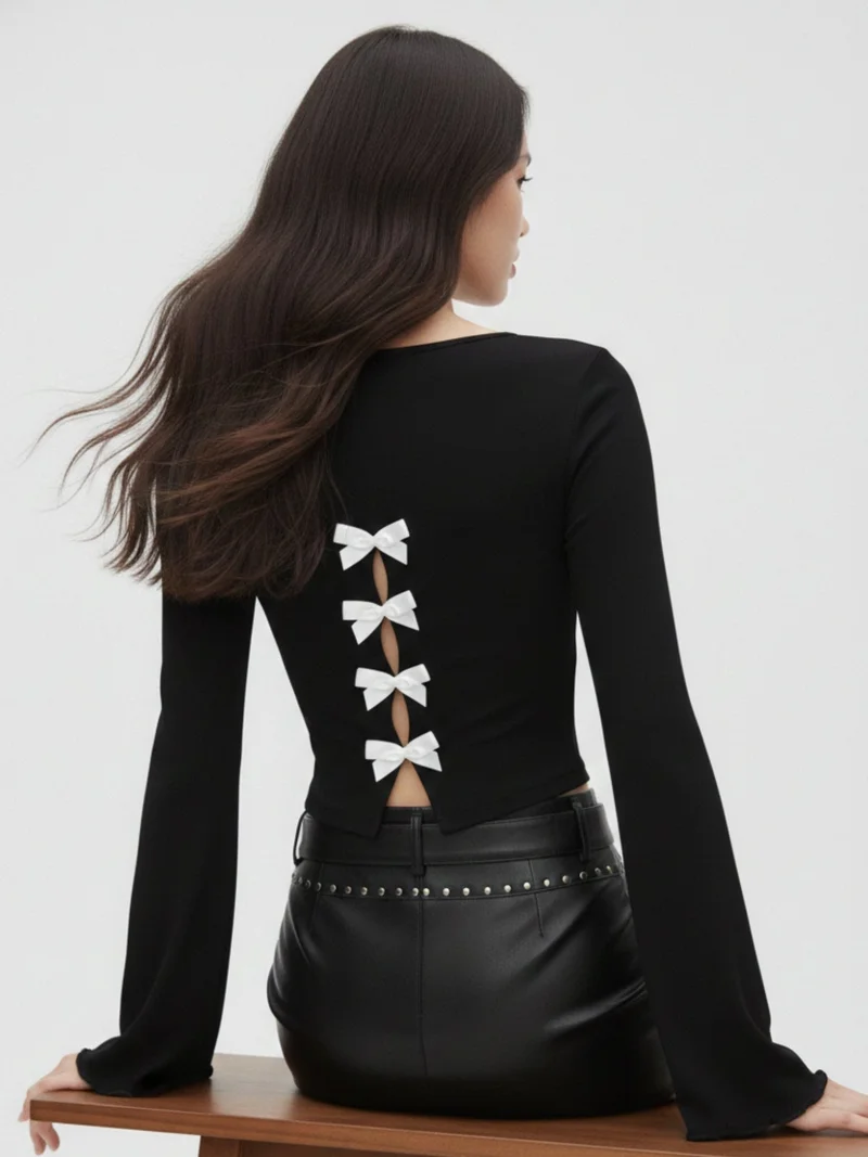 Outzidr  Black Back Multiple Bows Detail Fitted Top  | Best Price UAE