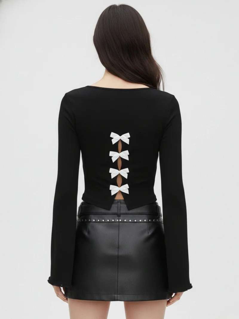 Outzidr  Black Back Multiple Bows Detail Fitted Top  | Best Price UAE