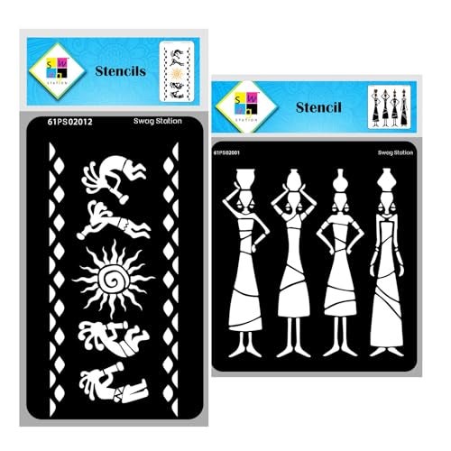 SWAGSTATION African Tribal Stencils - Kokopelli Border & Warli Stencils for Wall Painting - (12x12 Inch & 4x8 Inch 2 Stencils) Tribal Dance Stencil - Image 1