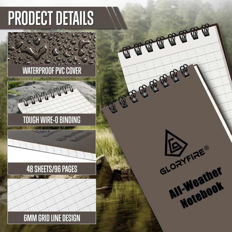 GLORYFIRE Waterproof Notebook Tactical All-Weather Spiral Memo Paper Notepad with Waterproof Grid Paper for Outdoor Activities Recording 3"x5" (10pcs) - Image 5