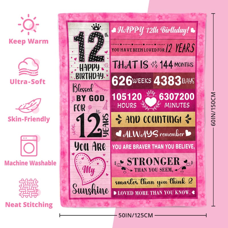 PVDSAVE 12 Year Old Girl Birthday Gifts - Gifts for 12 Year Old Girl - 12th Birthday Decorations for Girls - Twelve YR Bday Gift for Girls Daughter Granddaughter Niece Sister Ideas Blanket 50"x60" - Image 4