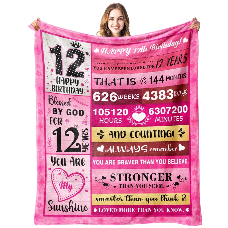 PVDSAVE 12 Year Old Girl Birthday Gifts - Gifts for 12 Year Old Girl - 12th Birthday Decorations for Girls - Twelve YR Bday Gift for Girls Daughter Granddaughter Niece Sister Ideas Blanket 50"x60" - Image 1