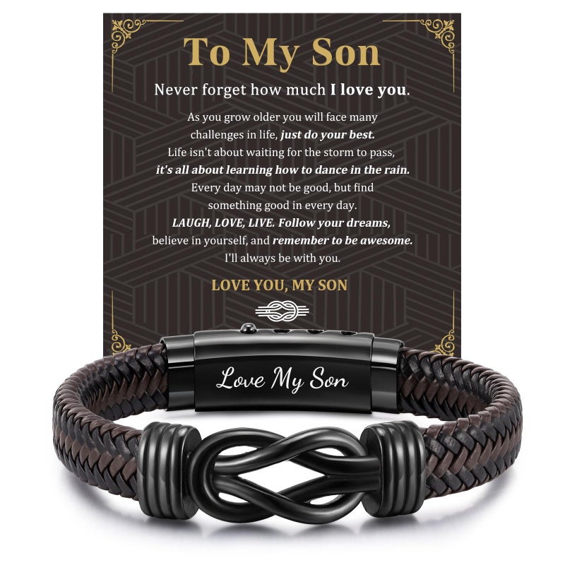 MEALGUET to My Son Bracelet Gift - Brown Braided Leather Infinity Knot Bracelets Engraved Letter Love My Son, Gifts from Mom Dad, Mens Bracelets Gift for Birthday Christmas Graduation - Image 1