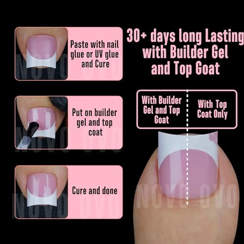 NOVO OVO Halloween Short Toe Nail Tips White French Tip with Moon Curve BERRY PINK Thick Sharp Square Toenail Extension Soft Gel False Nail Kit Need Glue Builder Gel Top Coat x15 Sizes 240 pcs - Image 3
